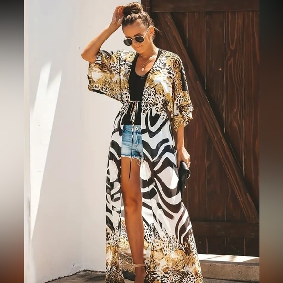 unbranded Tops - NIB NEW Women’s Maxi CoverUp Tiger Zebra Print Black White Gold TieFront